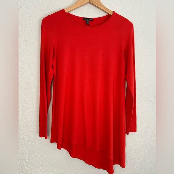 Eileen Fisher Red Orange Viscose Top Long Sleeve Stretch Asymmetrical Preppy - Picture 1 of 6